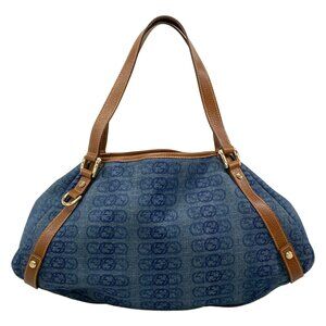Gucci Abbey Tote Bag 130736 Blue Dark Brown Denim Jacquard Leather